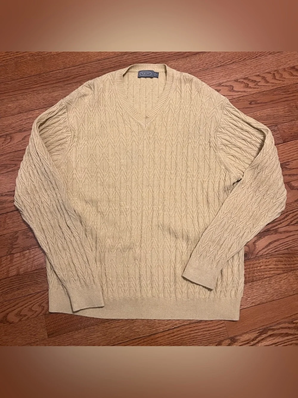 Talbots Men's Vintage Beige Cable Knit V-Neck Pullover Sweater XL